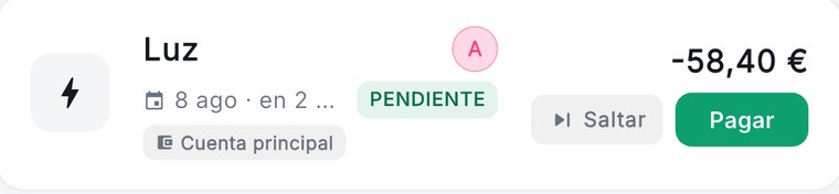 Recibo de la luz pendiente, 58,40 €, con los botones Saltar y Pagar
